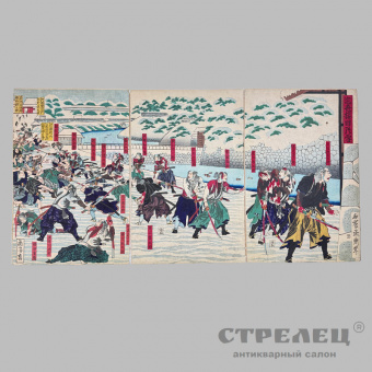 фото — укиё-э триптих «снег на сакураде». япония, 1868-1880 гг.